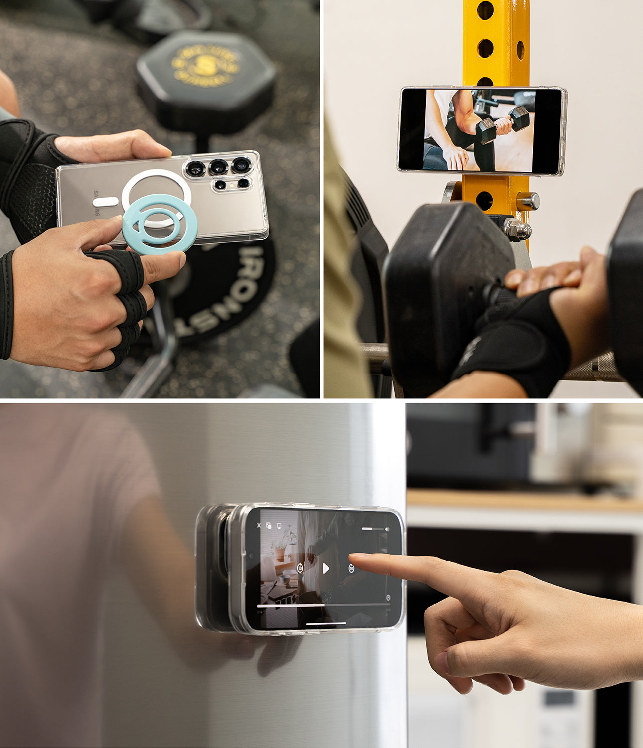 Dual Magnetic Silicone Ring - A light blue magnetic ring attached to a phone, shown mounted on gym equipment and a fridge.