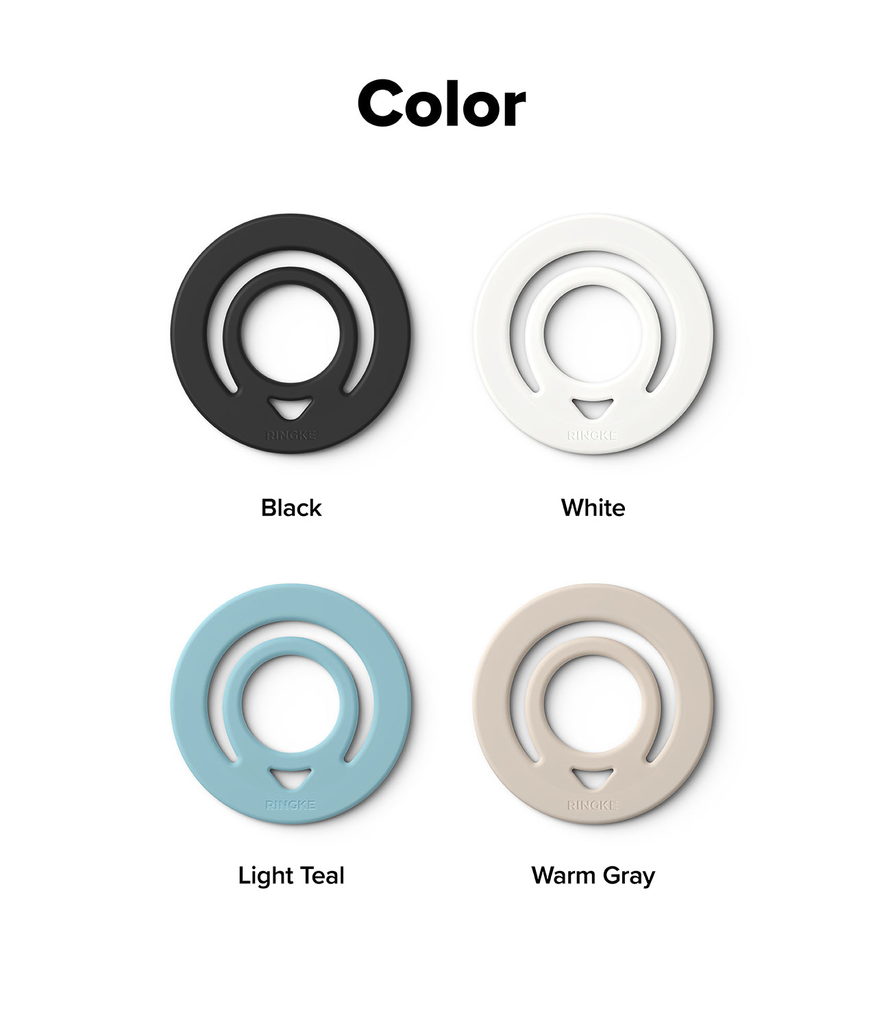 Dual Magnetic Silicone Ring - Four circular silicone rings in black, white, light teal, and warm gray labeled by color.