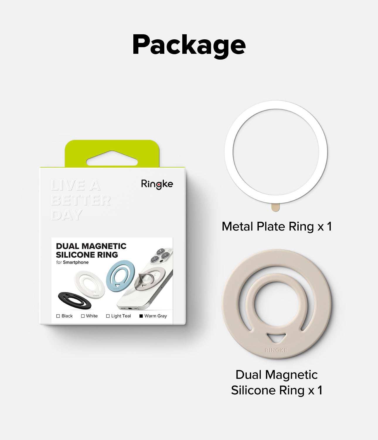 Dual Magnetic Silicone Ring - Product package containing a metal plate ring and a warm gray dual magnetic silicone ring.