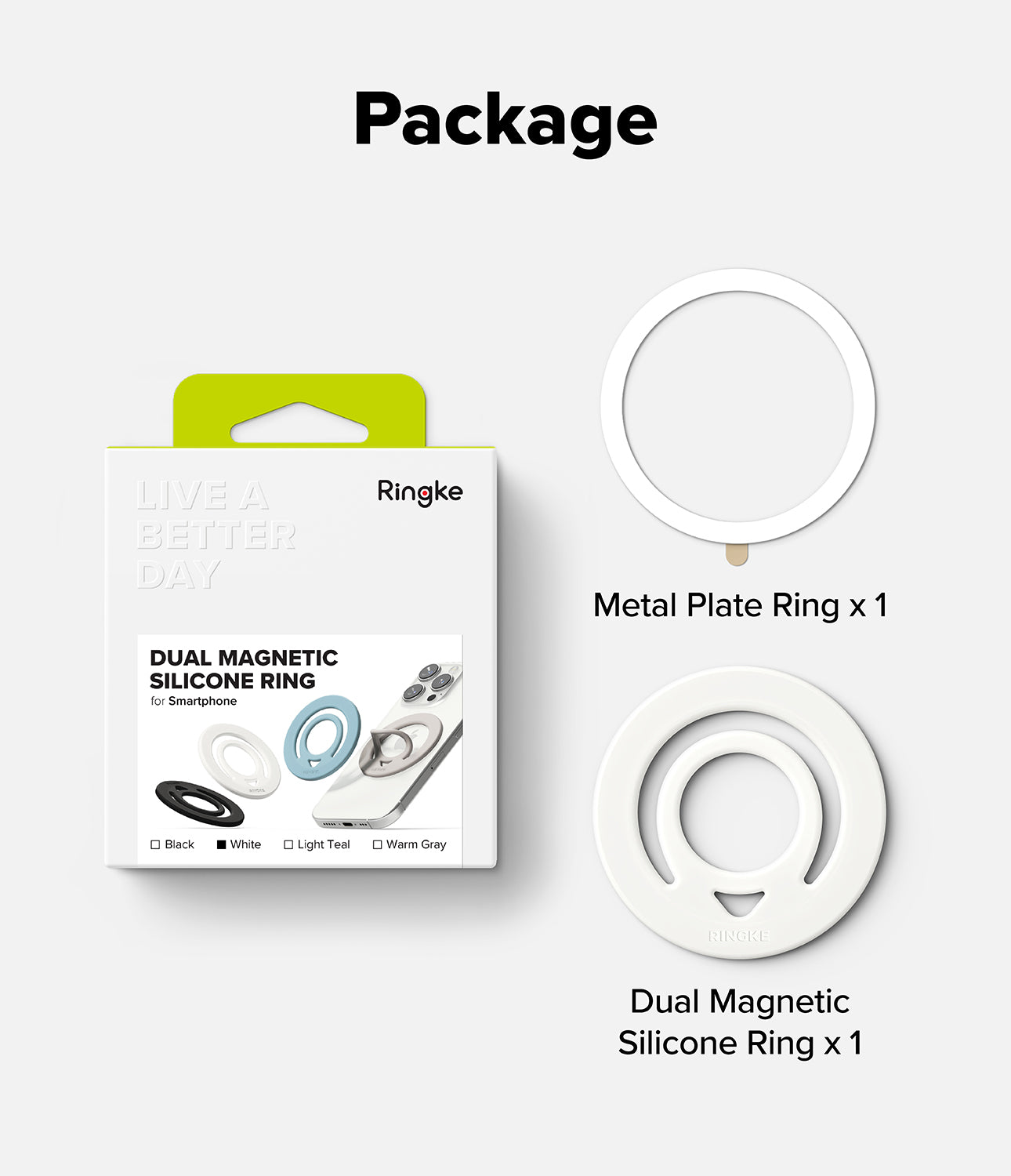 Dual Magnetic Silicone Ring - Package contents showing a white metal plate ring and a white dual magnetic silicone ring.