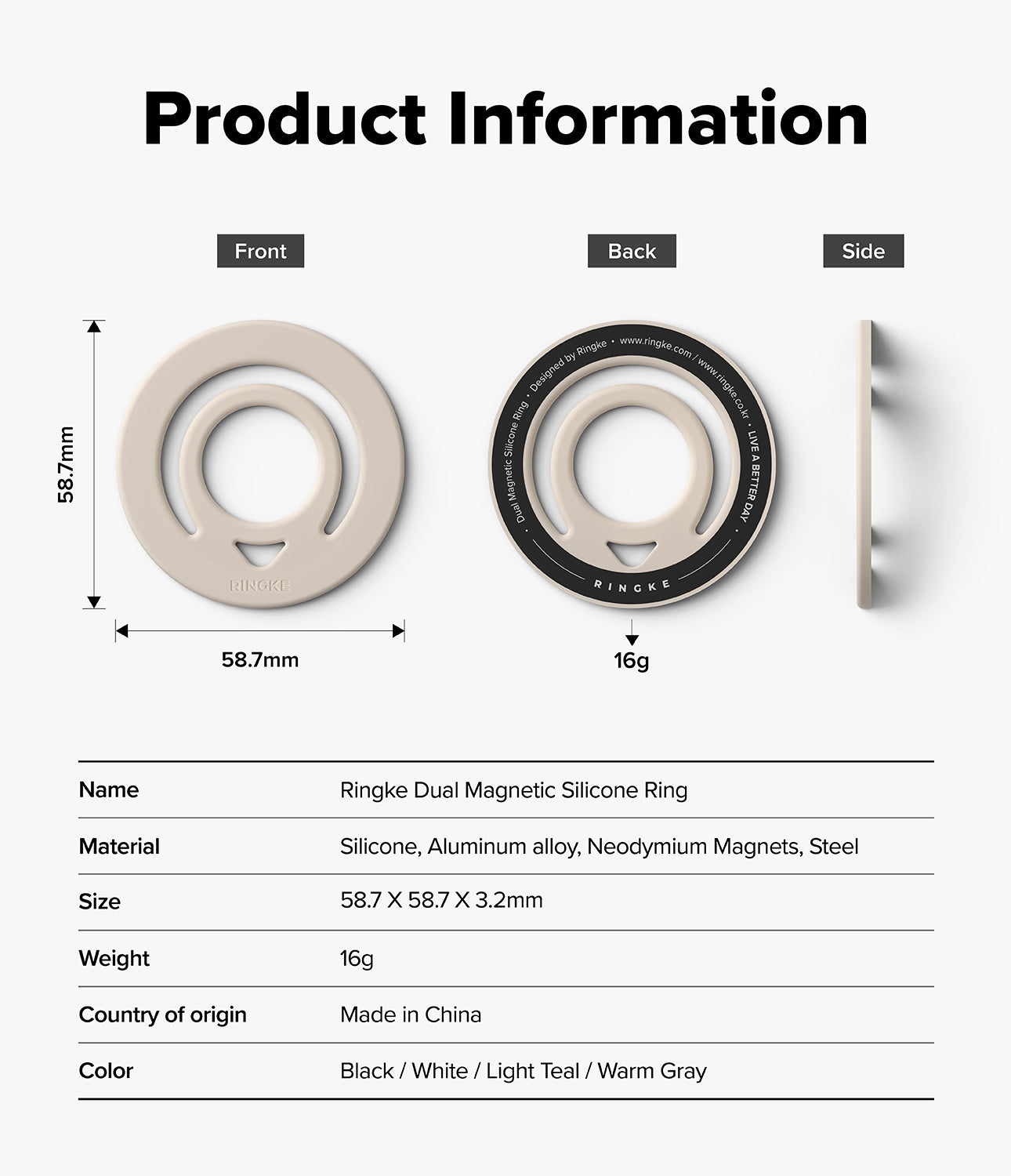 Dual Magnetic Silicone Ring - Technical diagram showing front, back, and side views with dimensions and product specifications.