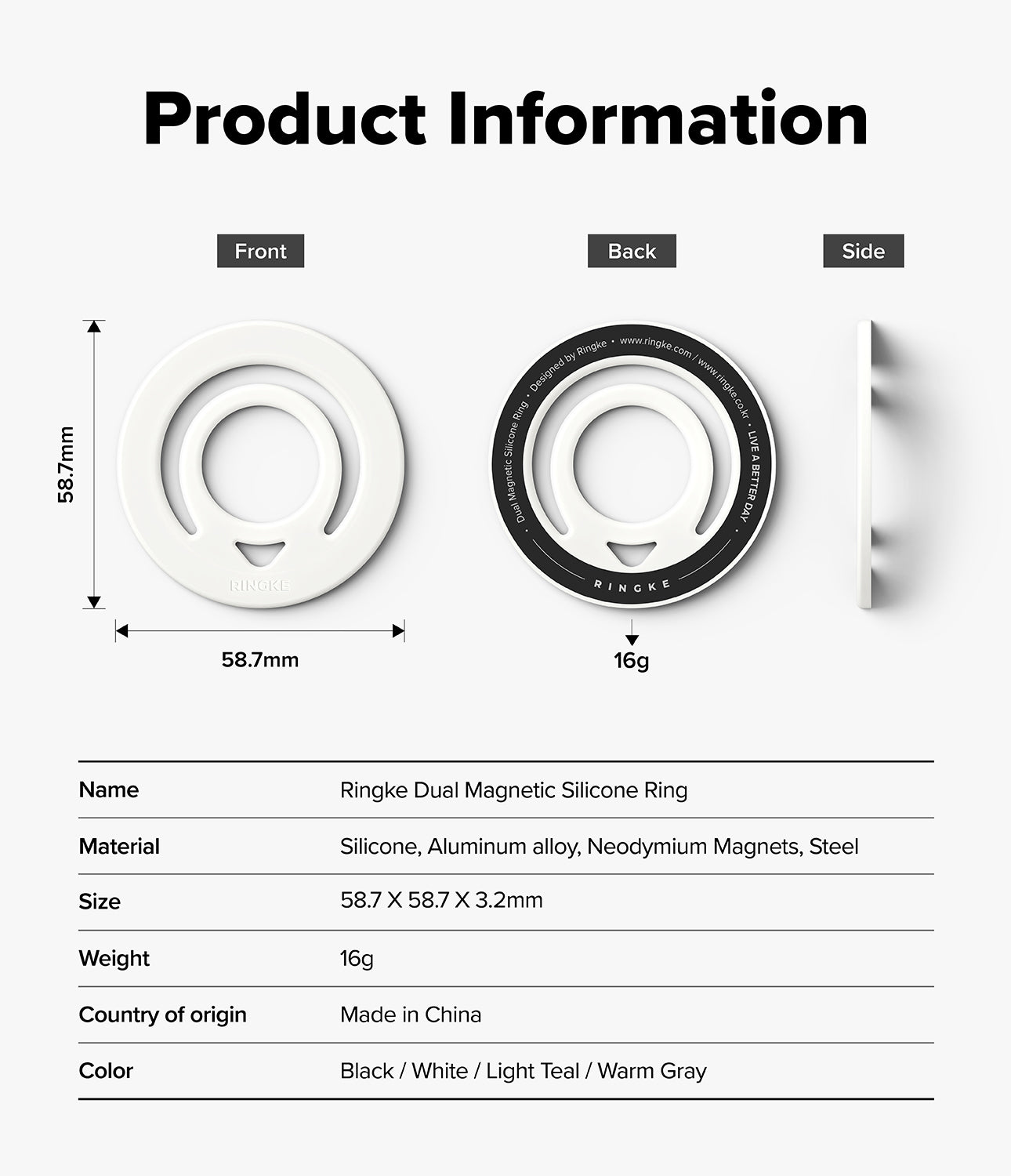 Dual Magnetic Silicone Ring - Technical diagram showing front, back, and side views with dimensions and product specifications.