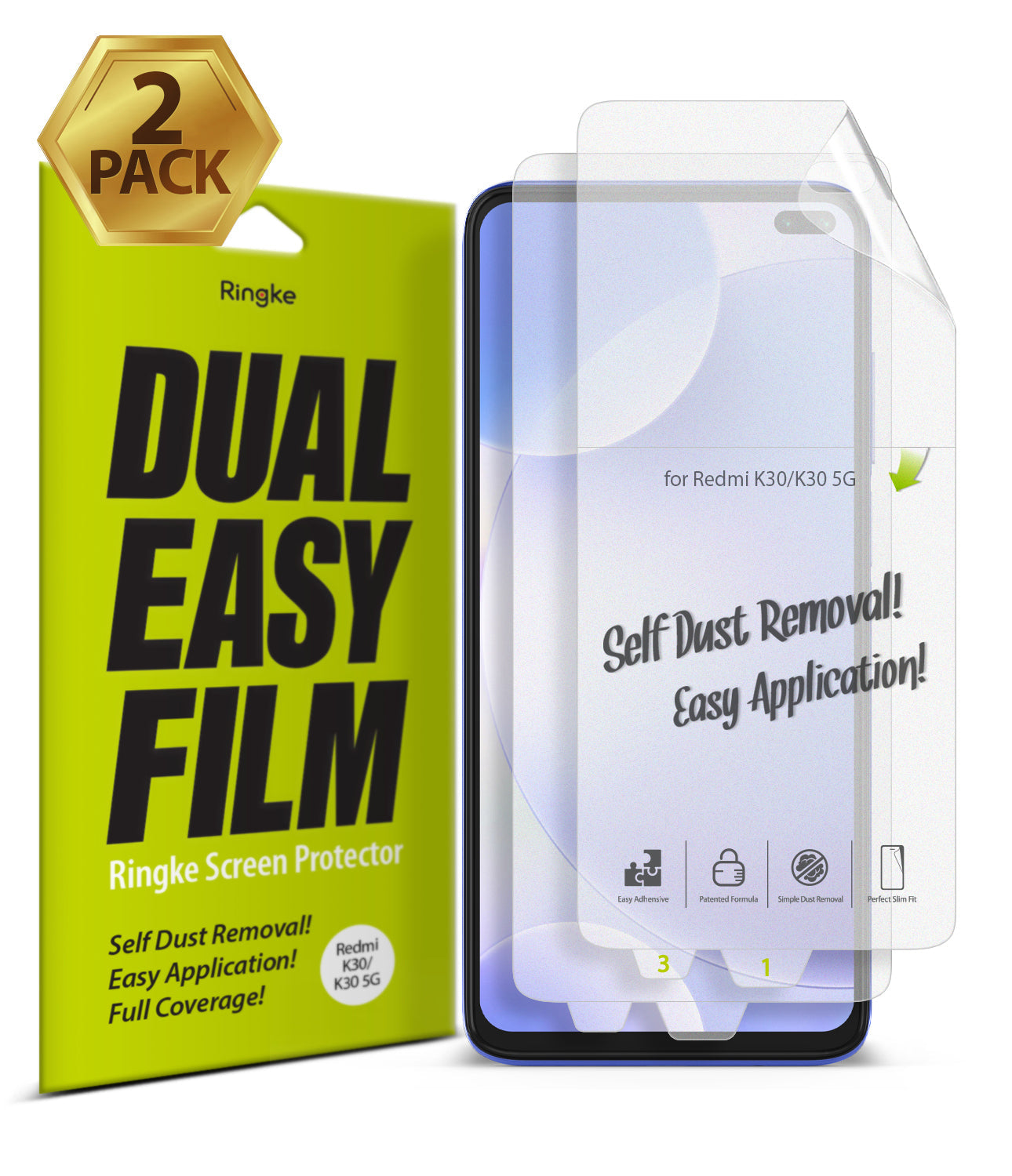 Redmi K30 Screen Protector | Dual Easy Film - Redmi K30 Screen Protector - Ringke Dual Easy Film 2-pack packaging next to a Redmi K30 phone with a screen protector.