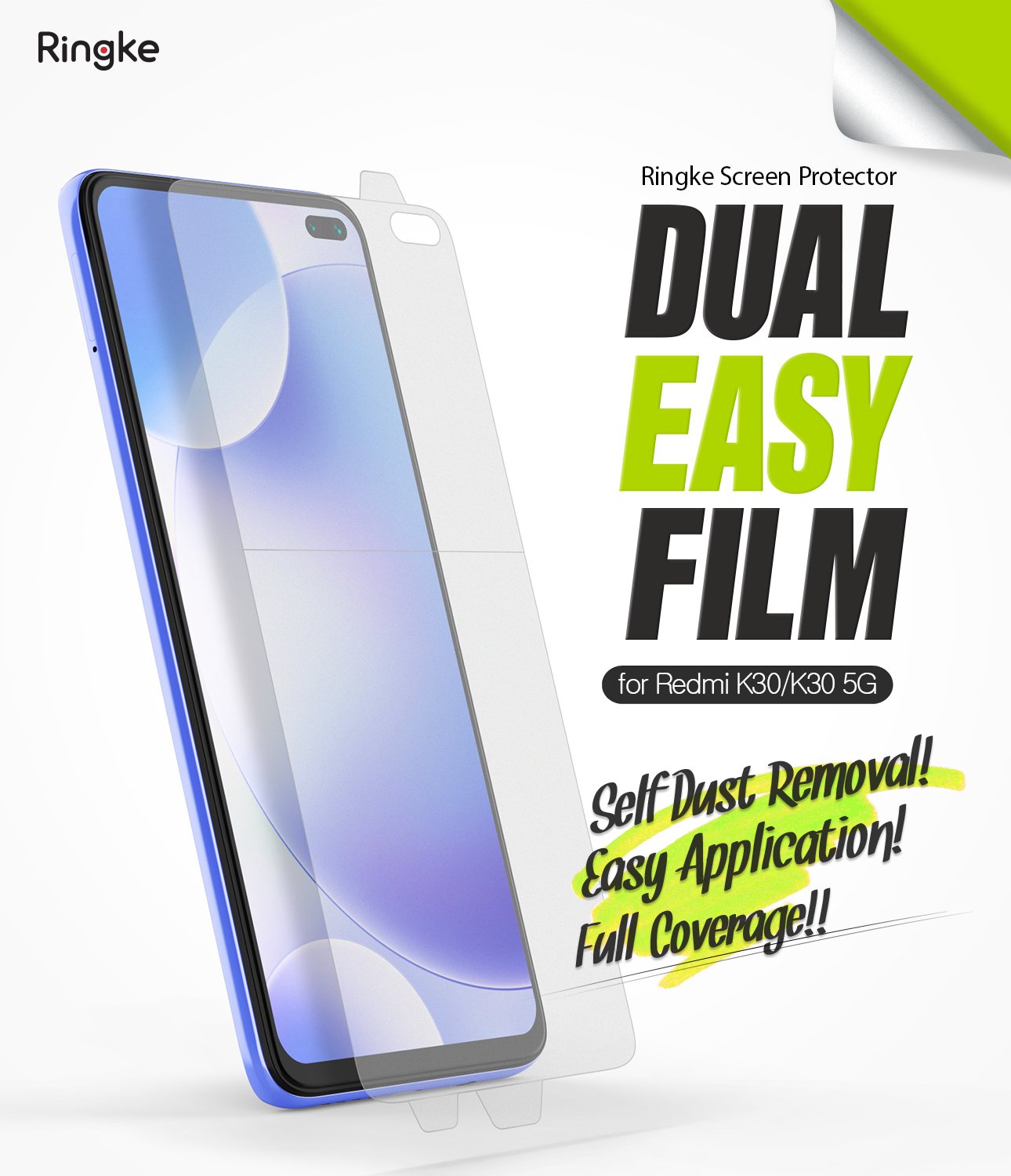 Redmi K30 Screen Protector | Dual Easy Film - A clear screen protector being applied to a blue Redmi K30 smartphone.