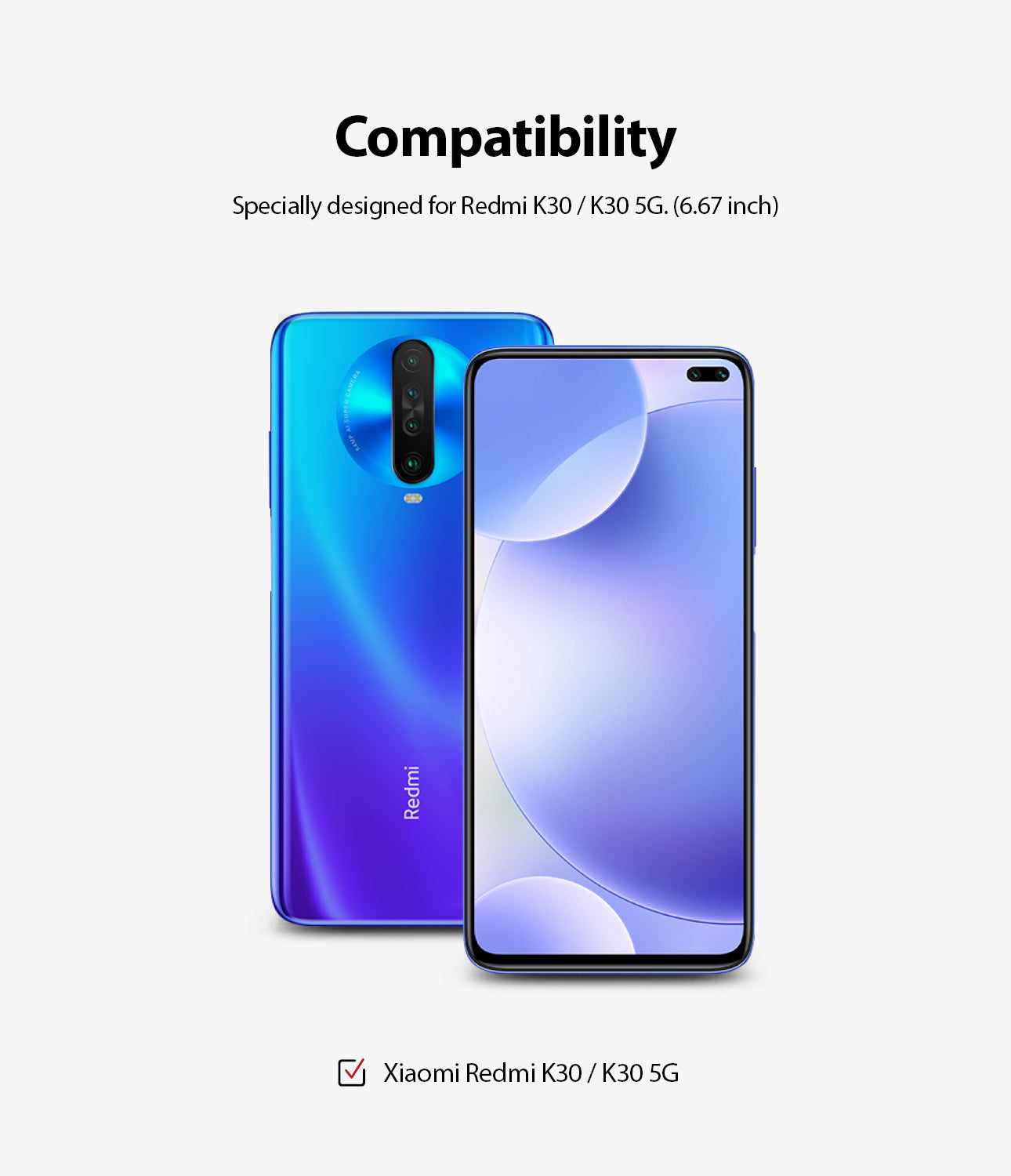 Redmi K30 Screen Protector | Dual Easy Film - Redmi K30 Screen Protector - Blue Redmi K30 smartphone shown from front and back, highlighting compatibility and design.