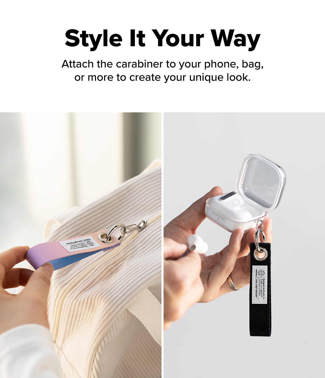 Holder Link Eyelet Keyring - Fabric straps with metal carabiners attached to a white bag and a wireless earbud case.