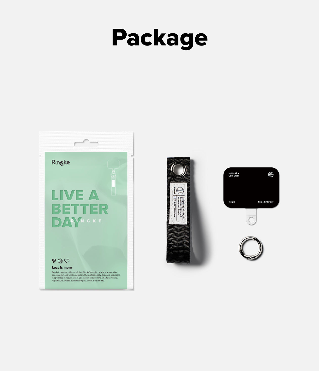 Holder Link Eyelet Keyring - Ringke packaging, black fabric strap with metal eyelet, black card, and silver keyring.
