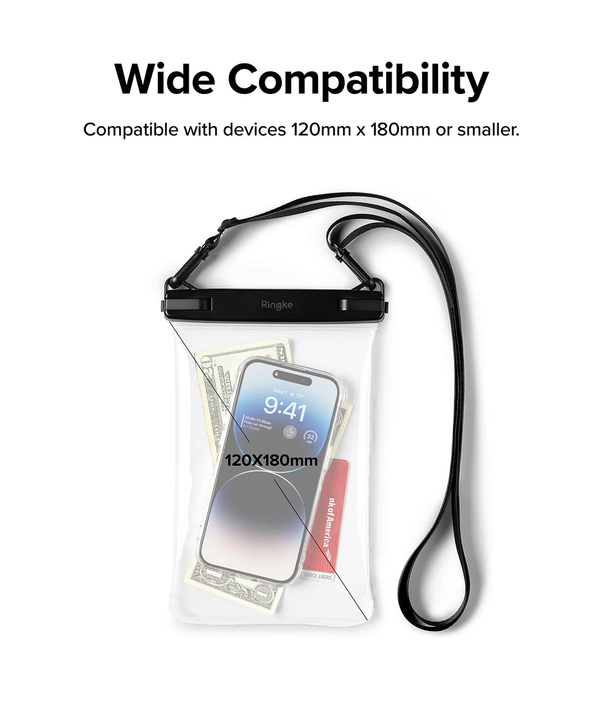 Palm Leaves / Navy Stripes Floating Strap & Frameless Waterproof Pouch | Clear phone pouch with strap, displaying smartphone inside, on a white background.
