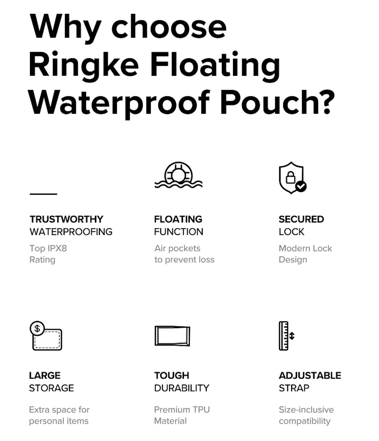 Palm Leaves / Navy Stripes Floating Strap & Floating Waterproof Pouch | Promotional graphic for Ringke Floating Waterproof Pouch with features listed.