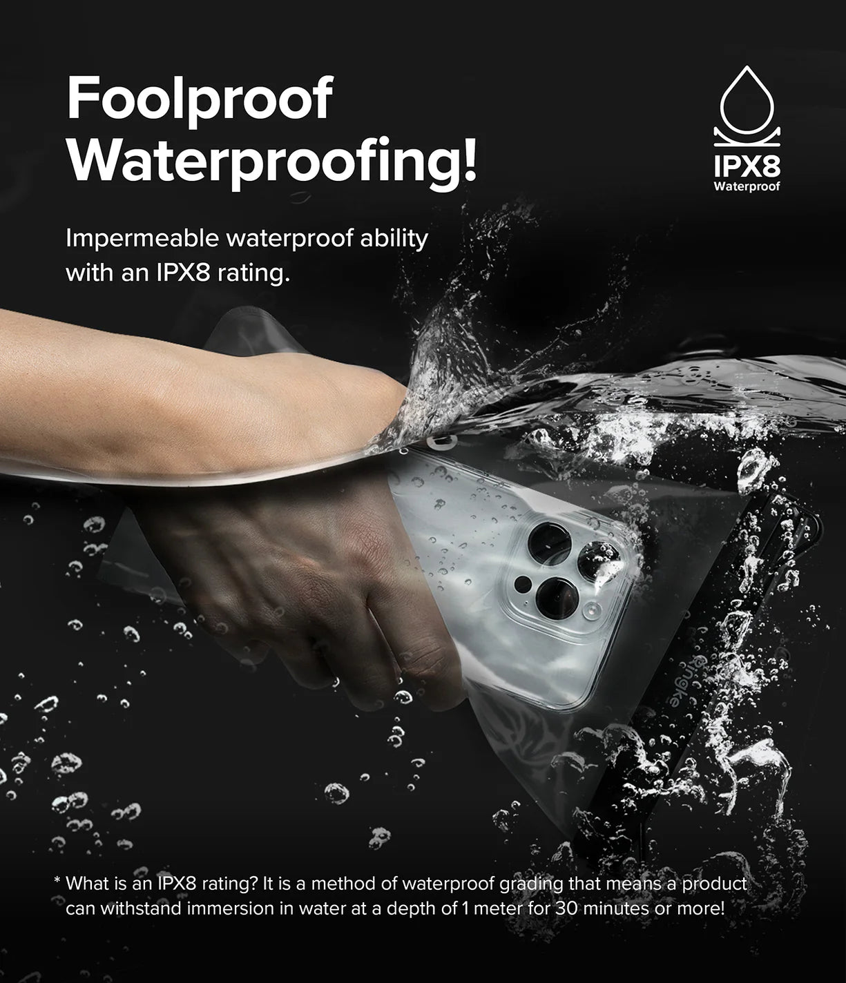 Palm Leaves / Navy Stripes Floating Strap & Frameless Waterproof Pouch | Phone being submerged in water with text about foolproof waterproofing and IPX8 rating.