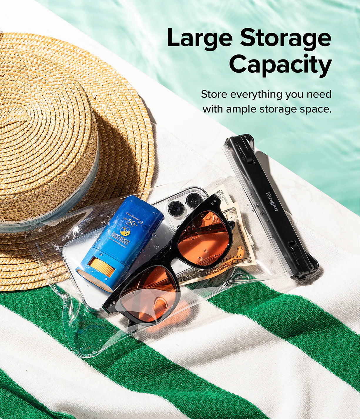Banana / Navy Stripes Floating Strap & Frameless Waterproof Pouch | Straw hat, sunglasses, sunscreen, and phone case on a green and white striped towel with text about large storage capacity.