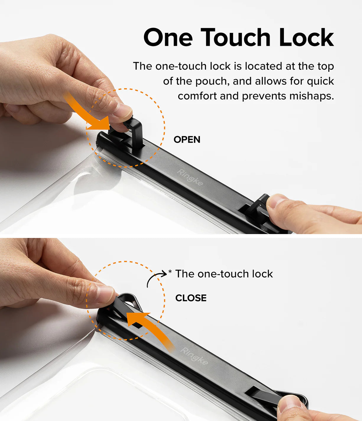 Banana / Black Floating Strap & Frameless Waterproof Pouch | One-touch lock mechanism on a pouch with text explaining its function.