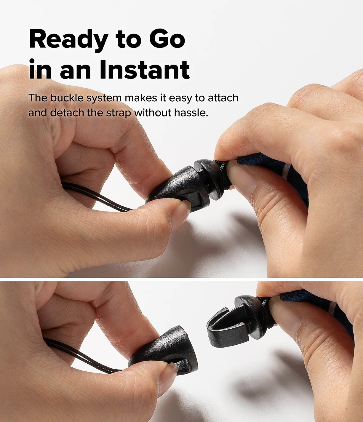 Banana / Black Floating Strap & Frameless Waterproof Pouch | Hands demonstrating a buckle system for attaching and detaching a strap on a white background.