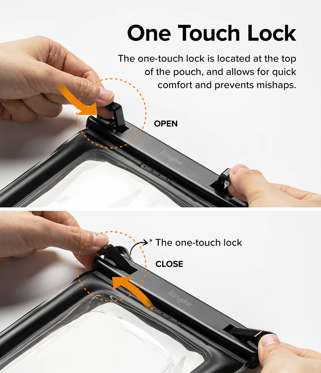 Banana / Navy Stripes Floating Strap & Floating Waterproof Pouch | One-touch lock mechanism on a product with labeled actions for opening and closing.