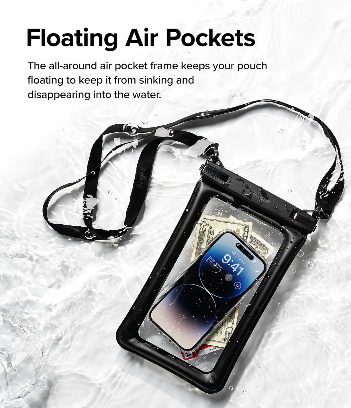 Banana / Black Floating Strap & Floating Waterproof Pouch | Waterproof phone pouch with air pockets on a white background