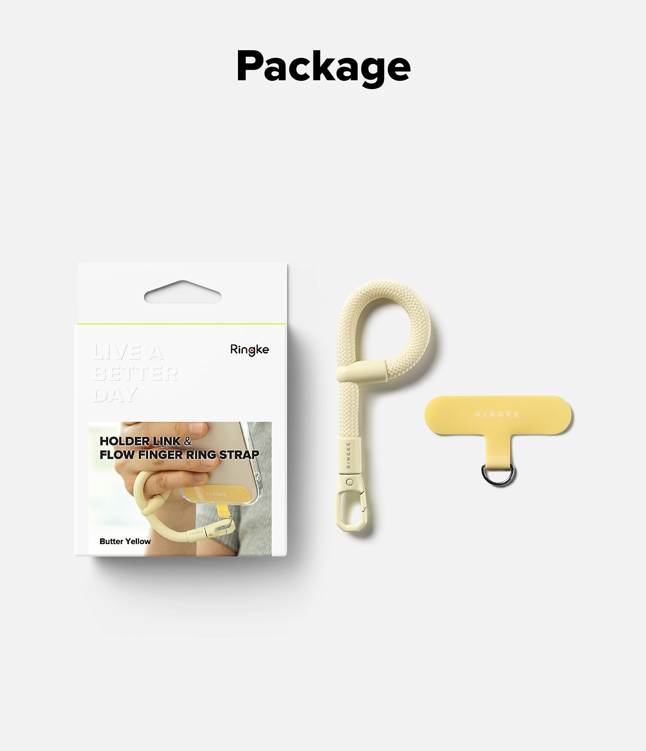 Ringke Holder Link Flow Finger Ring Strap in Calm Black, shown with retail packaging including adjustable strap and TPU holder link.