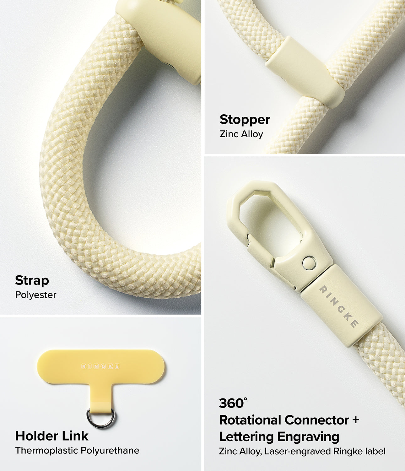 Ringke Holder Link Flow Finger Ring components including polyester strap, zinc alloy stopper, 360° rotational connector with laser-engraved Ringke logo, and TPU holder link.