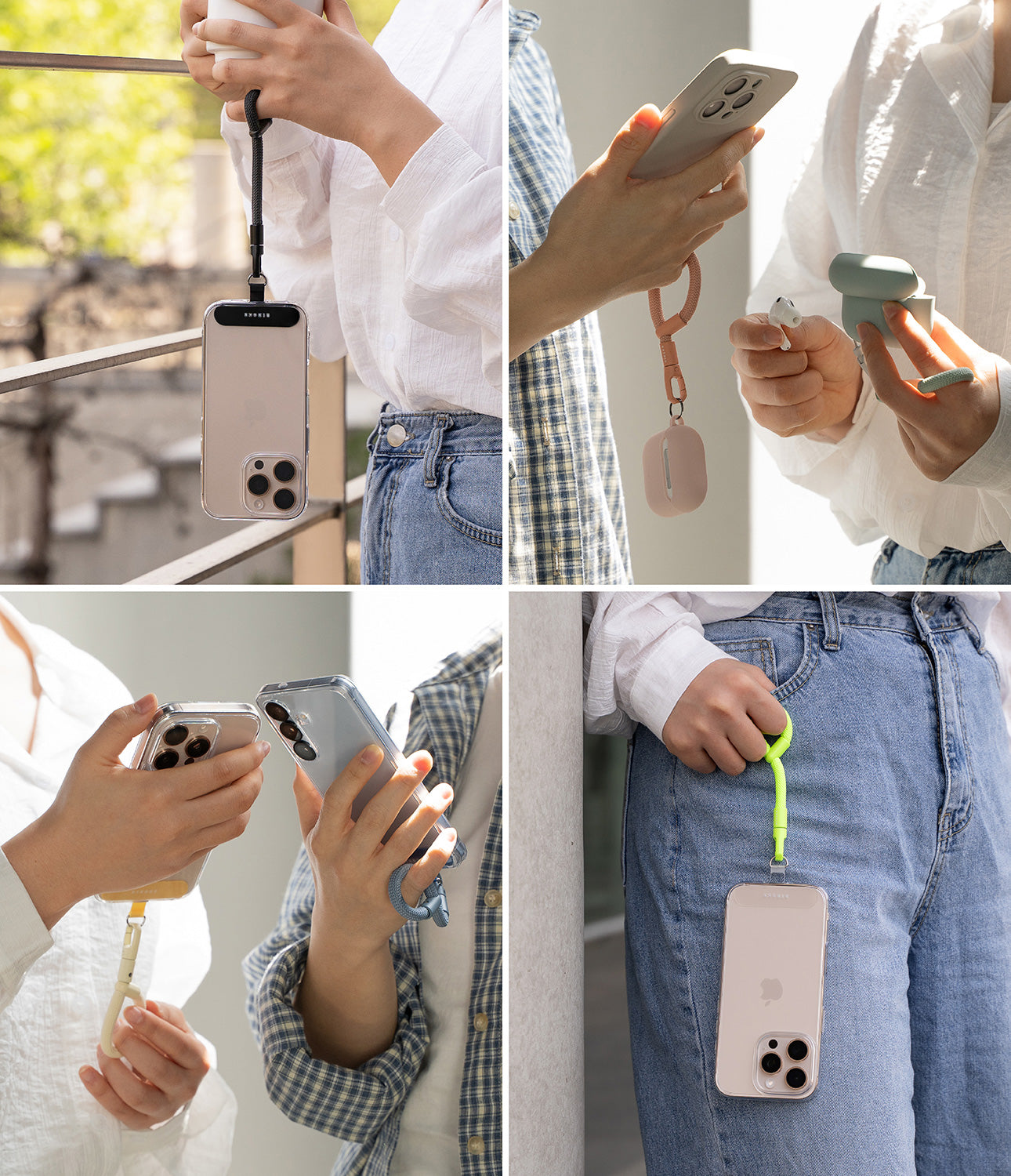 Ringke Holder Link Flow Finger Ring in everyday use with smartphones and accessories, featuring various colors and wearable grip for drop protection and convenience.