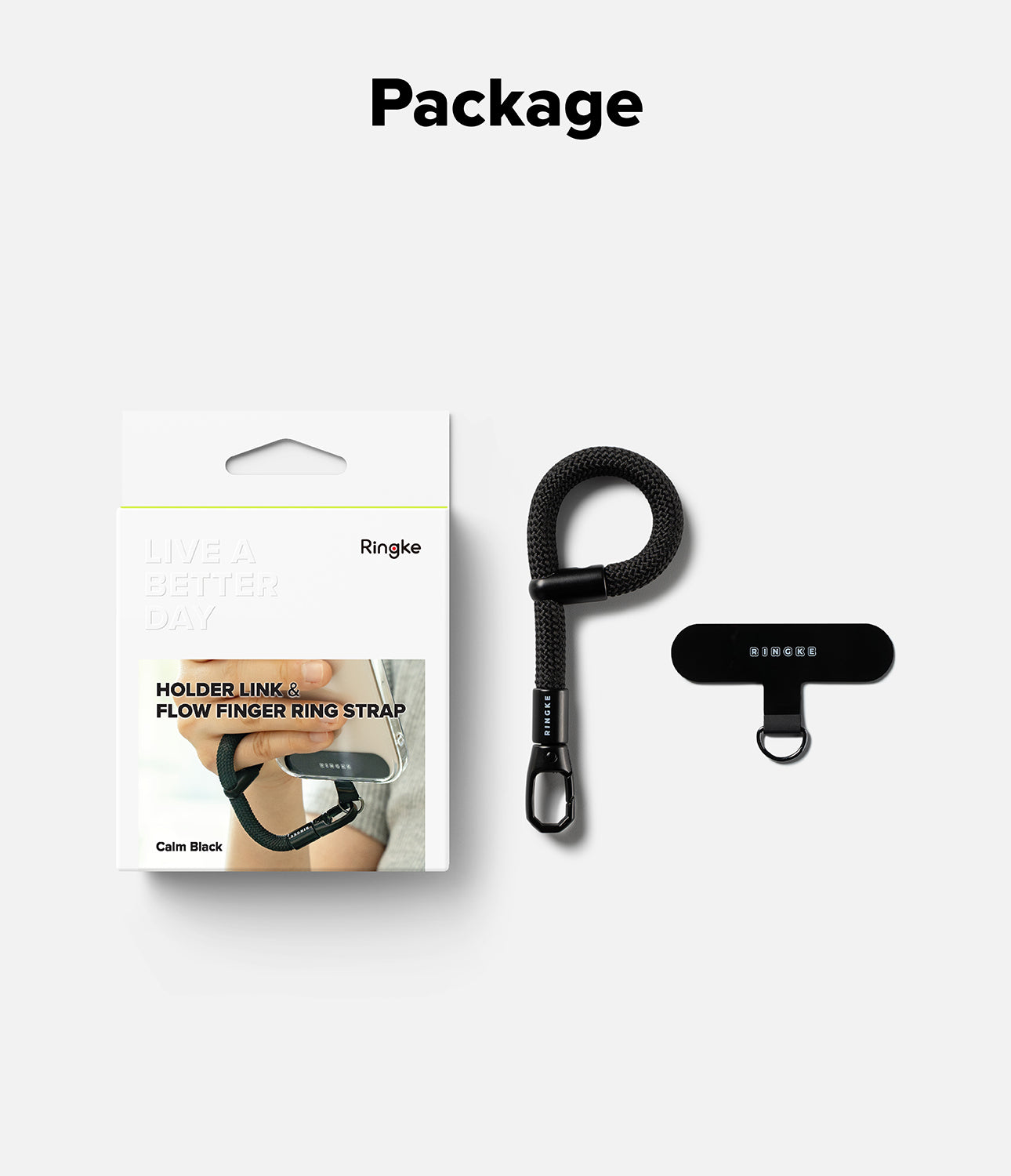 Ringke Holder Link Flow Finger Ring Strap in Calm Black, shown with retail packaging including adjustable strap and TPU holder link.