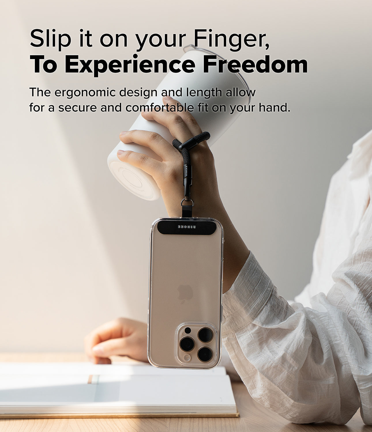 Black Flow Strap Finger Ring for Secure Grip and Drop Prevention