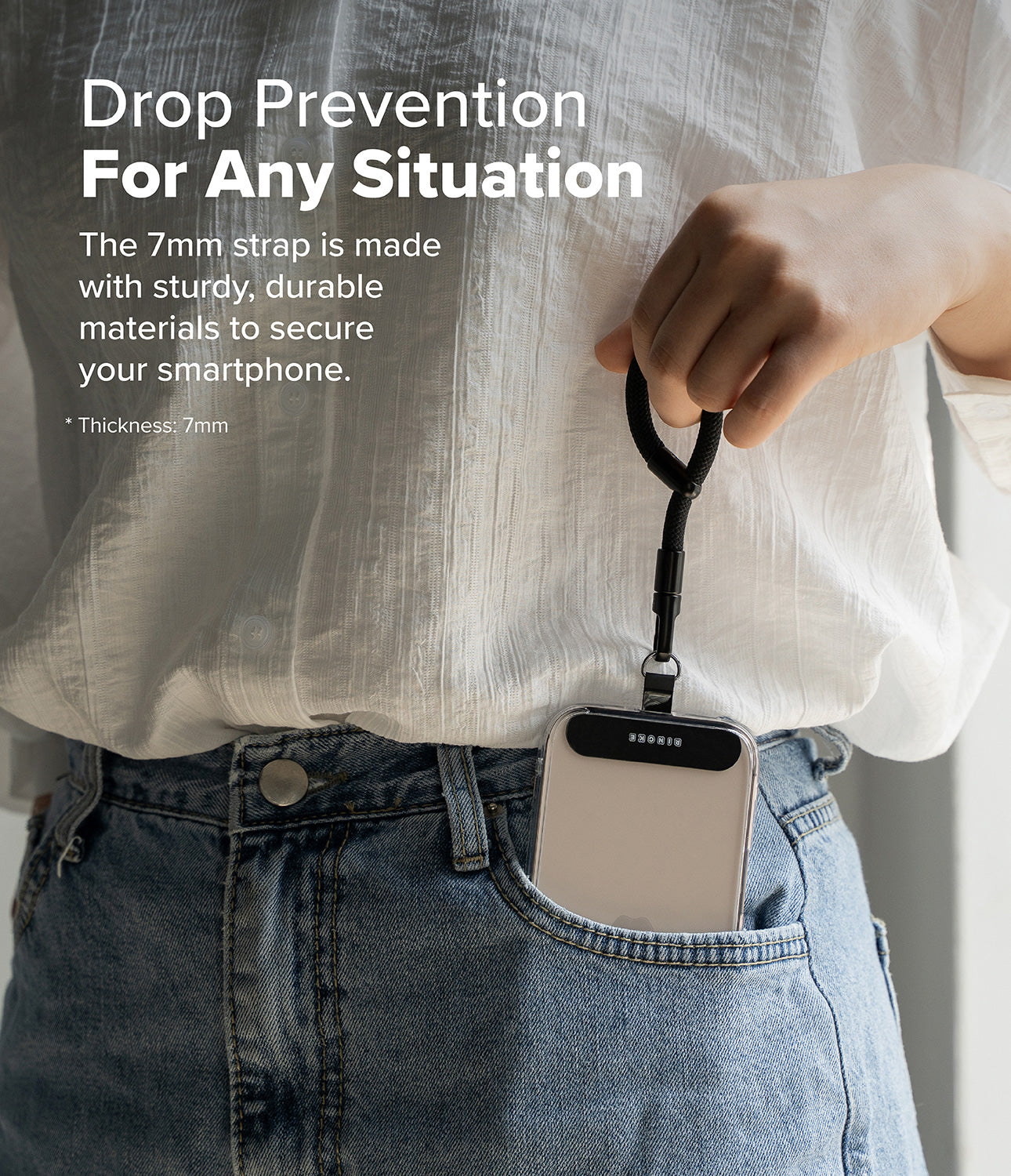 Ringke Holder Link Flow Finger RIng shown in use, featureing a 7mm thick durable strap securely attached to a smartphone for drop prevention in everyday situation