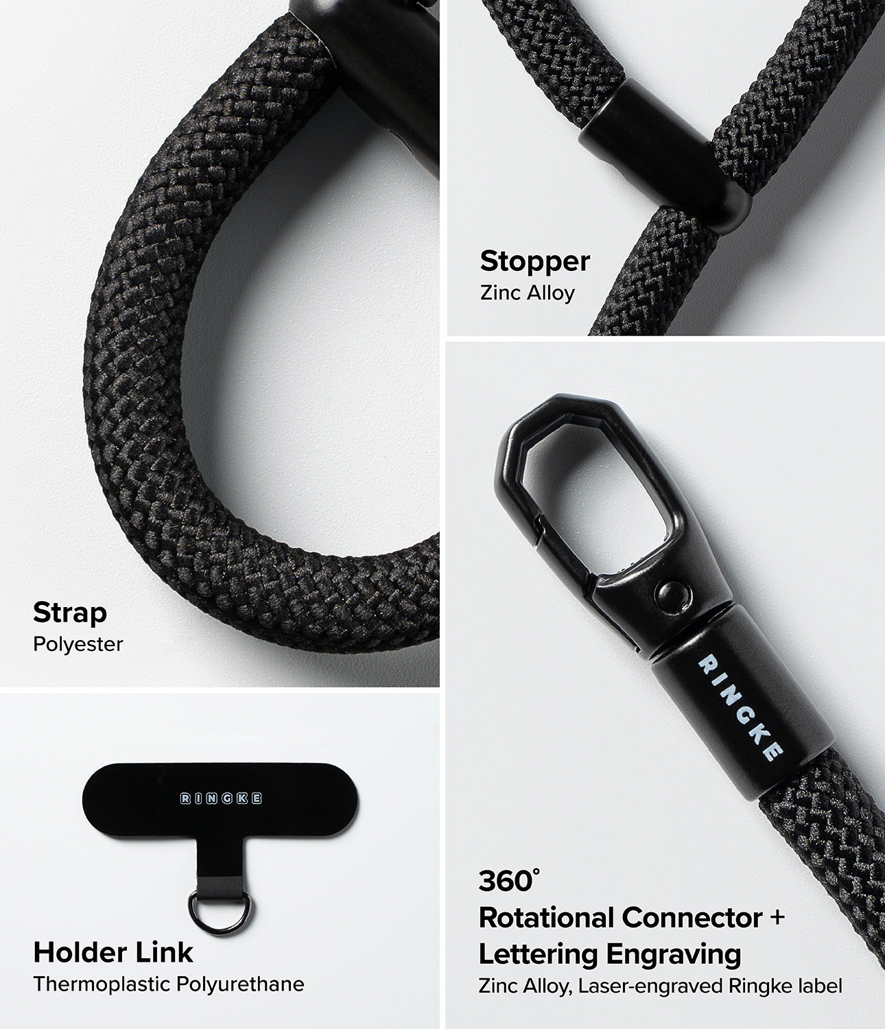 Ringke Holder Link Flow Finger Ring components including polyester strap, zinc alloy stopper, 360° rotational connector with laser-engraved Ringke logo, and TPU holder link.