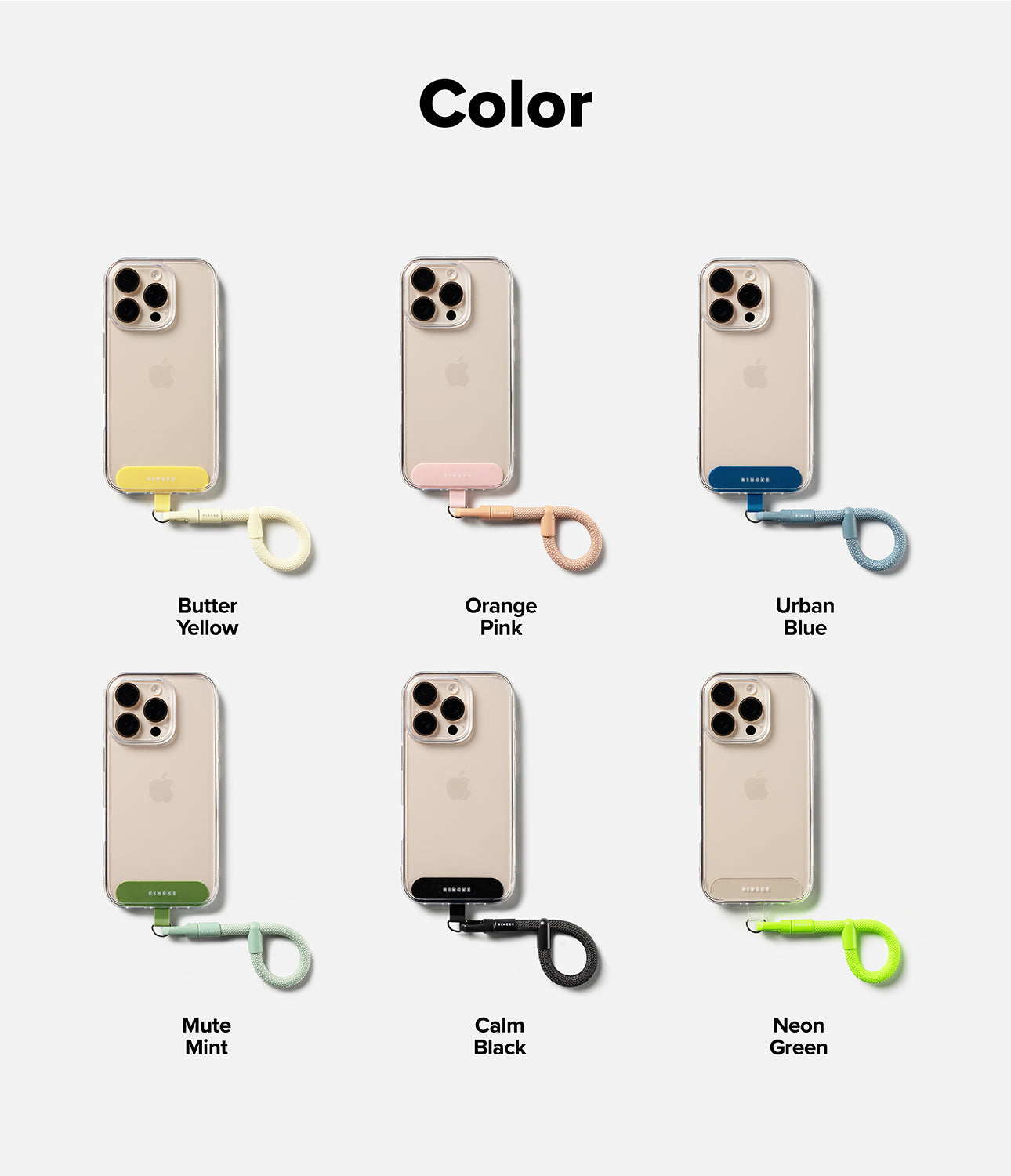 Ringke Holder Link Flow Finger Ring color lineup featuring Butter Yellow, Orange Pink, Urban Blue, Mute Mint, Calm Black, and Neon Green, attached to clear smartphone cases.