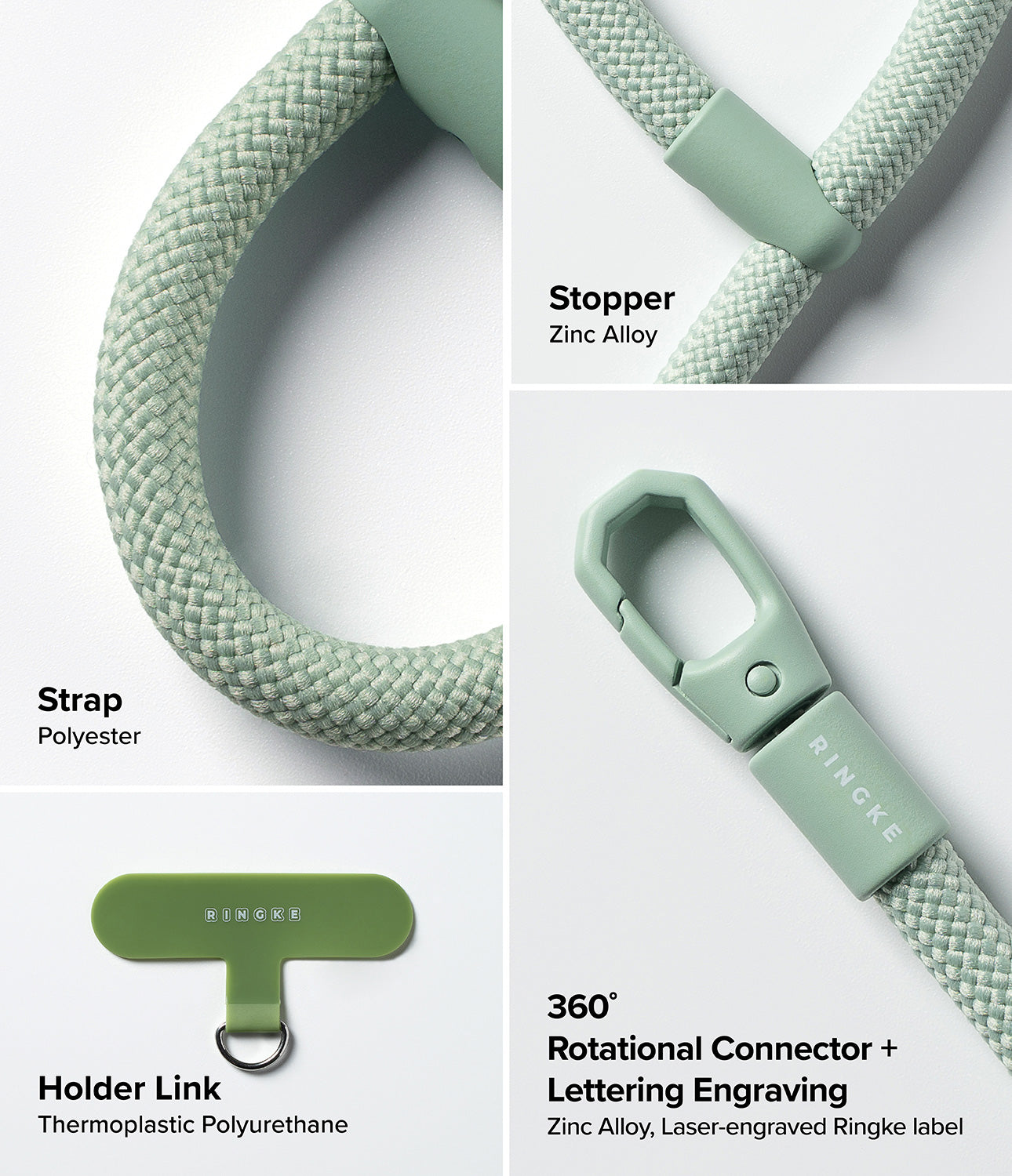 Ringke Holder Link Flow Finger Ring components including polyester strap, zinc alloy stopper, 360° rotational connector with laser-engraved Ringke logo, and TPU holder link.