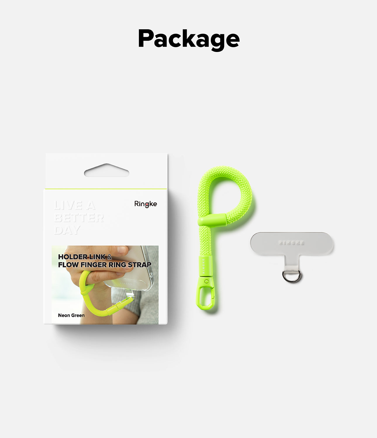 Ringke Holder Link Flow Finger Ring Strap in Calm Black, shown with retail packaging including adjustable strap and TPU holder link.