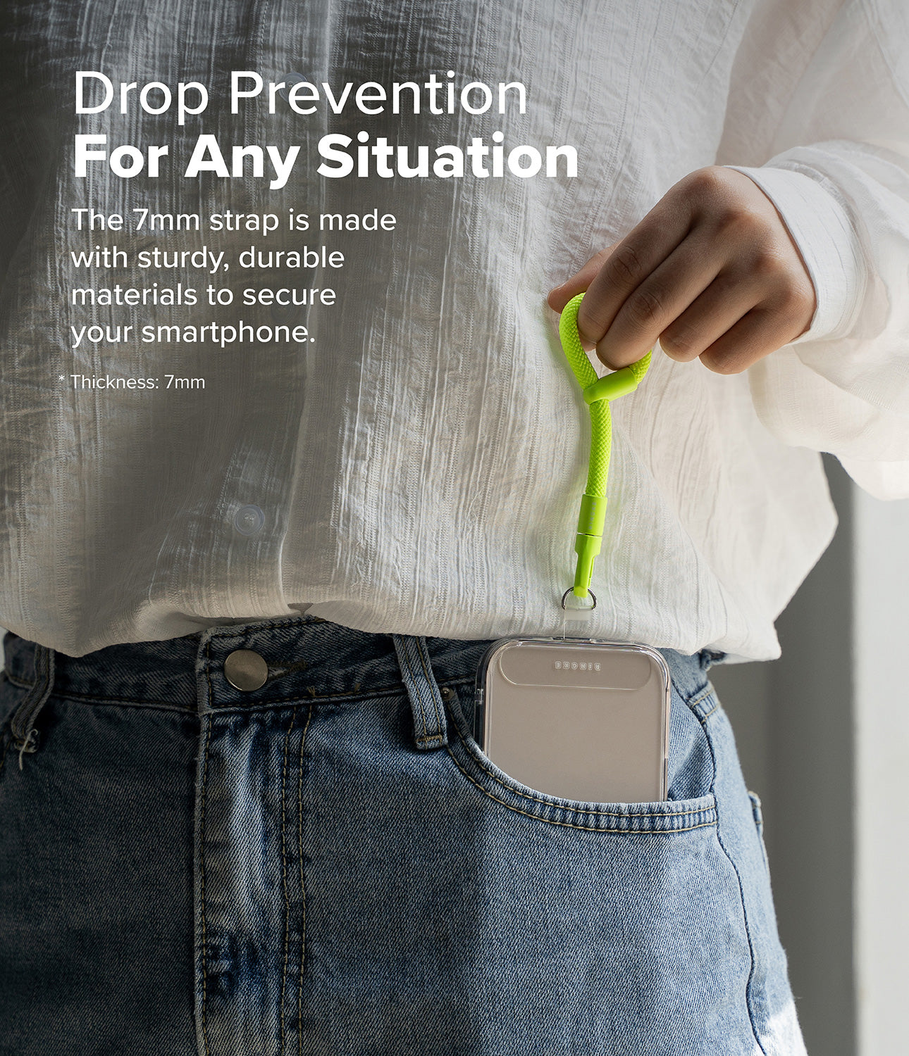Ringke Holder Link Flow Finger RIng shown in use, featureing a 7mm thick durable strap securely attached to a smartphone for drop prevention in everyday situation