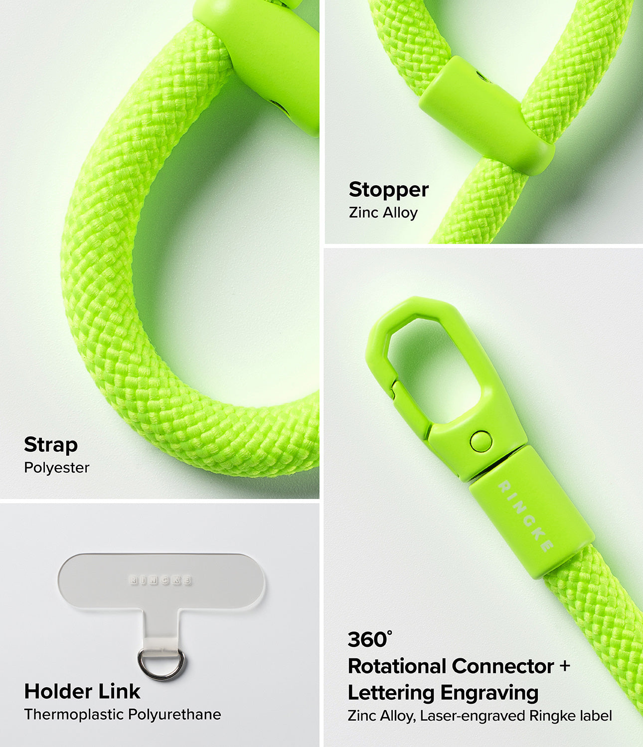 Ringke Holder Link Flow Finger Ring components including polyester strap, zinc alloy stopper, 360° rotational connector with laser-engraved Ringke logo, and TPU holder link.