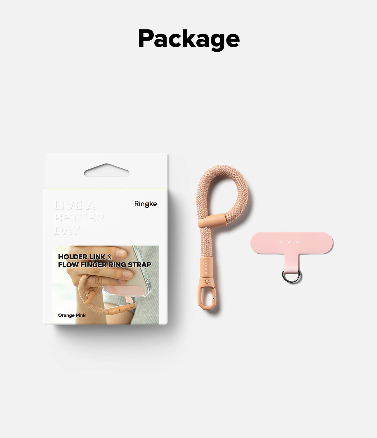 Ringke Holder Link Flow Finger Ring Strap in Calm Black, shown with retail packaging including adjustable strap and TPU holder link.