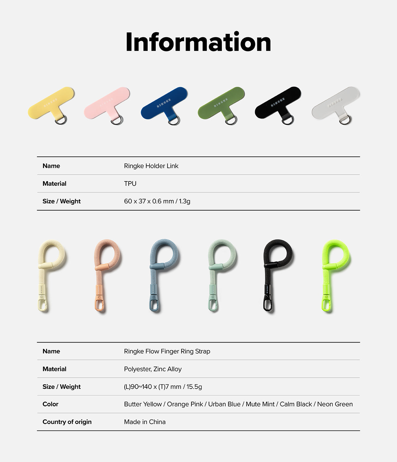 Ringke Holder Link Flow Finger Ring technical information sheet listing materials, dimensions, weight, color options, and country of origin.
