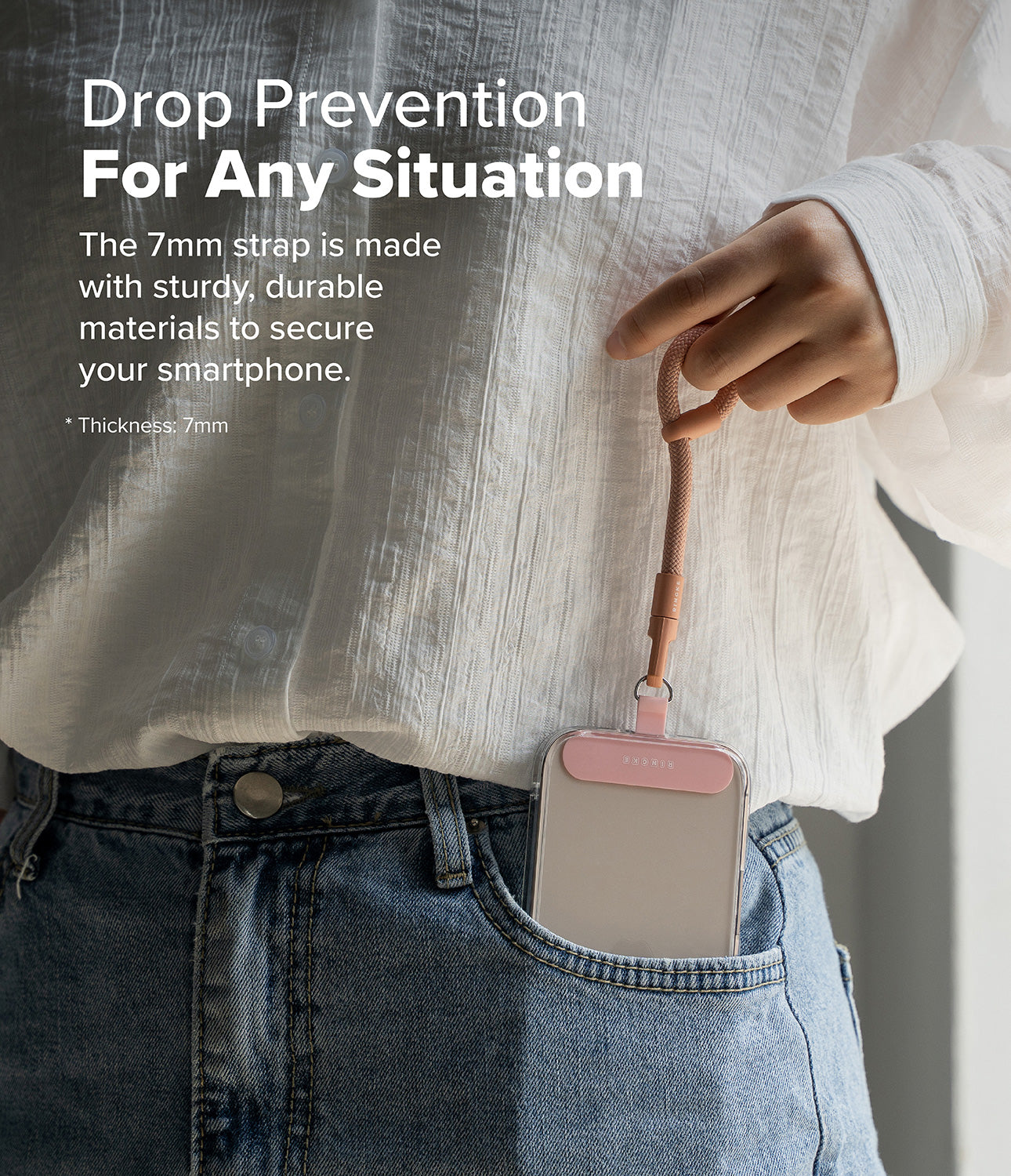 Ringke Holder Link Flow Finger RIng shown in use, featureing a 7mm thick durable strap securely attached to a smartphone for drop prevention in everyday situation