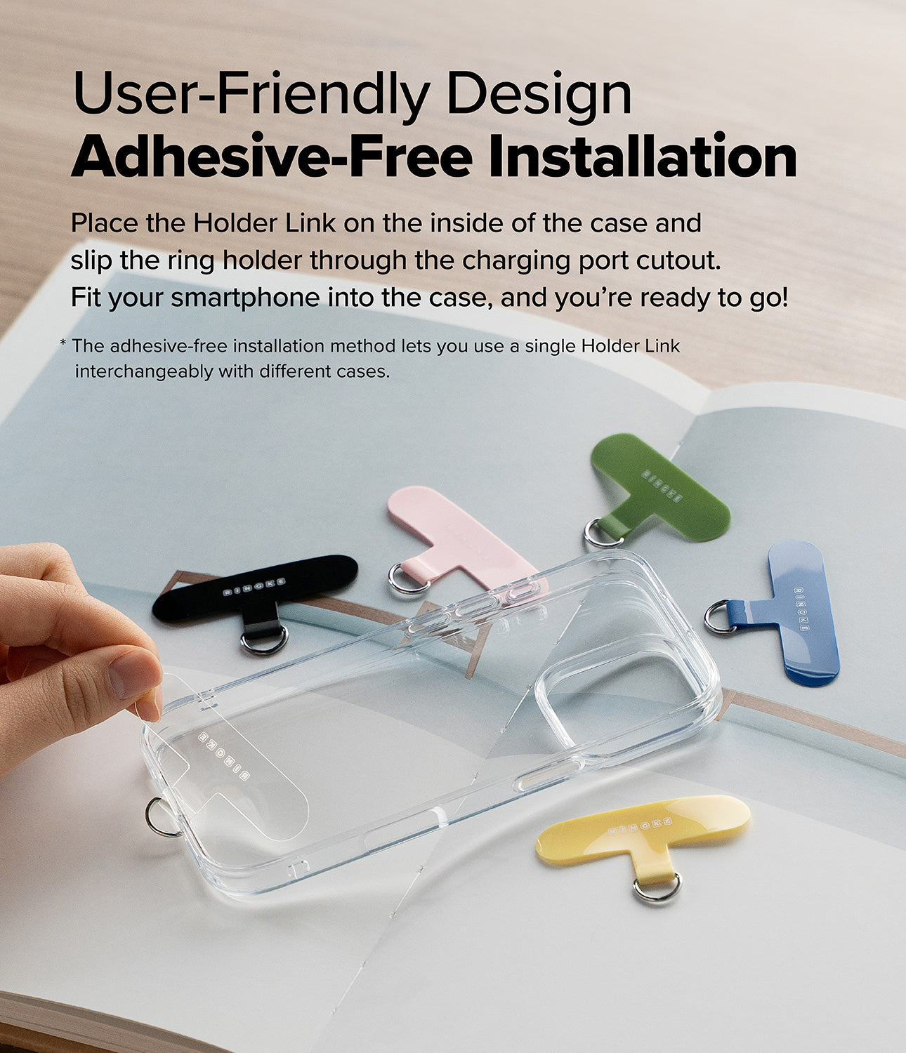 Ringke Holder Link Flow Finger Ring with adhesive-free installation, shown with multiple color options and transparent phone case for easy setup through the charging port cutout.