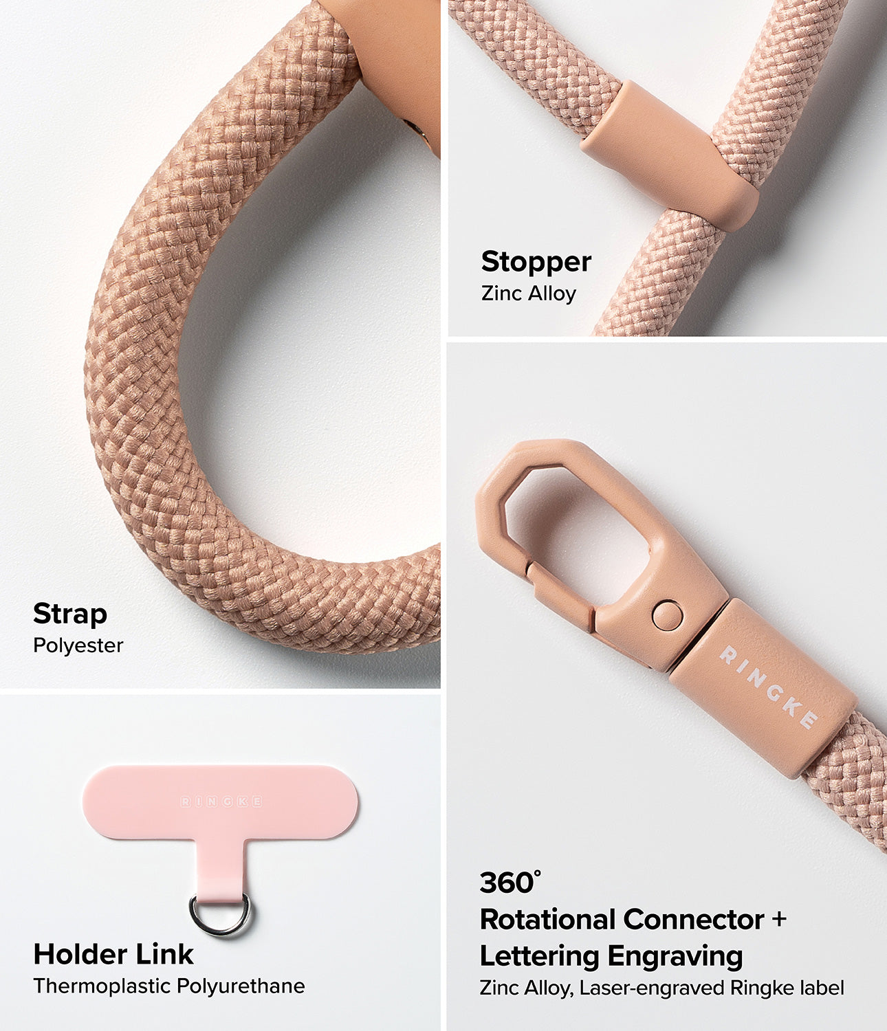 Ringke Holder Link Flow Finger Ring components including polyester strap, zinc alloy stopper, 360° rotational connector with laser-engraved Ringke logo, and TPU holder link.
