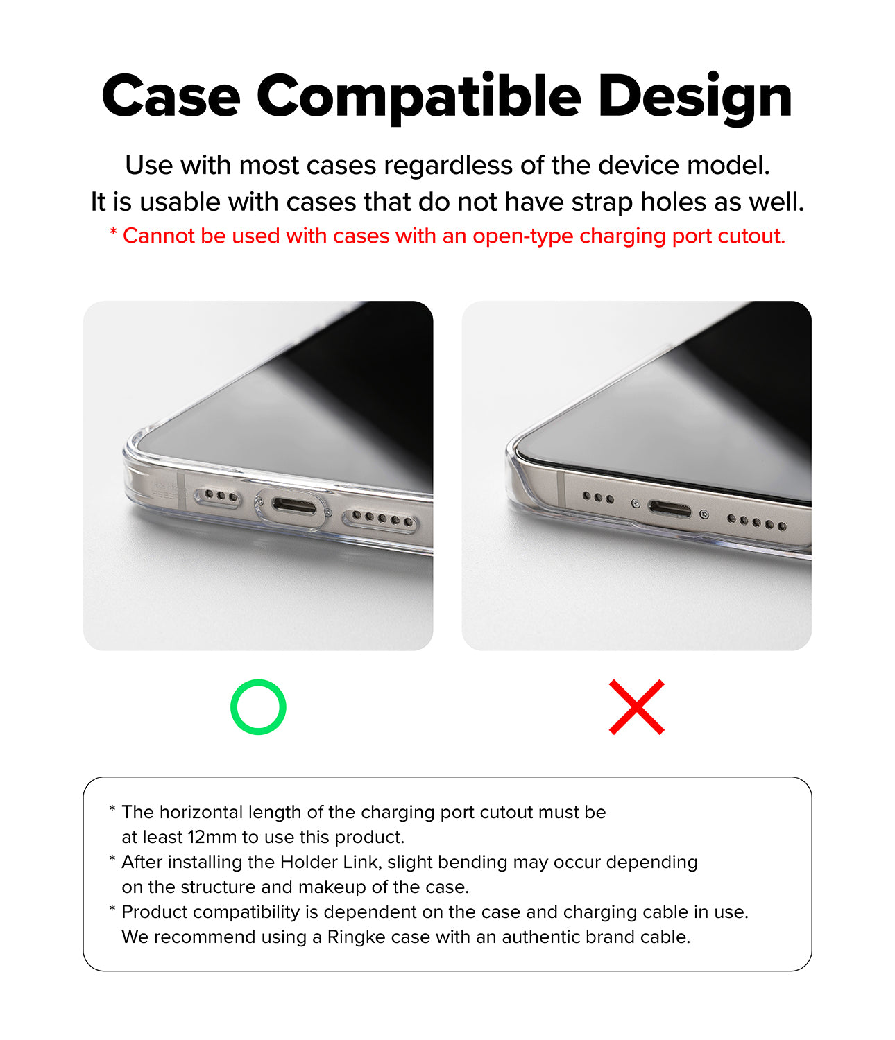 Ringke Holder Link Flow Finger Ring case compatibility guide showing correct and incorrect charging port cutout sizes for secure strap installation.