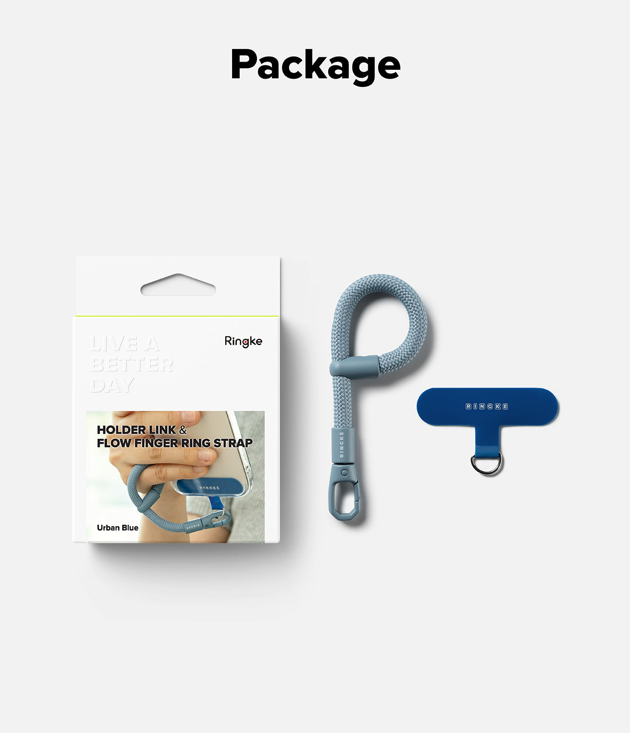 Ringke Holder Link Flow Finger Ring Strap in Calm Black, shown with retail packaging including adjustable strap and TPU holder link.