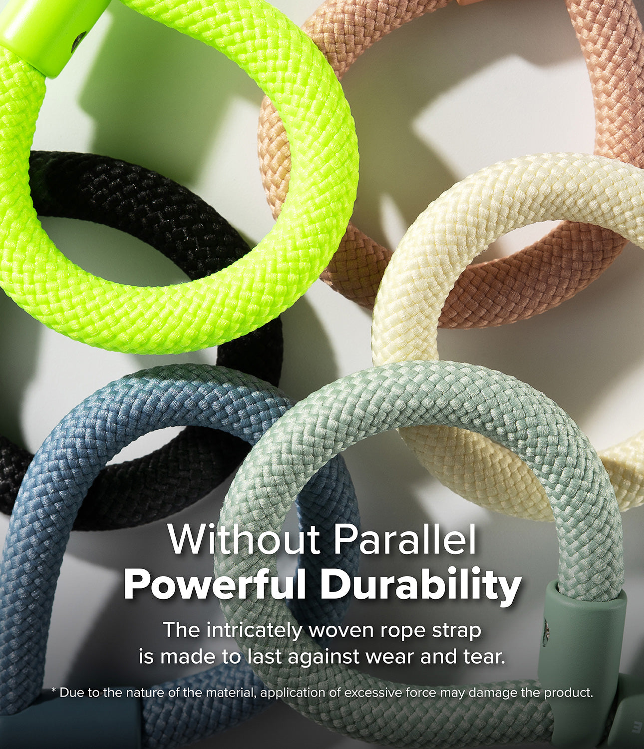 Close-up of Ringke Holder Link Flow Finger Ring’s intricately woven rope straps in multiple colors, showcasing durable, wear-resistant material built for long-lasting use.