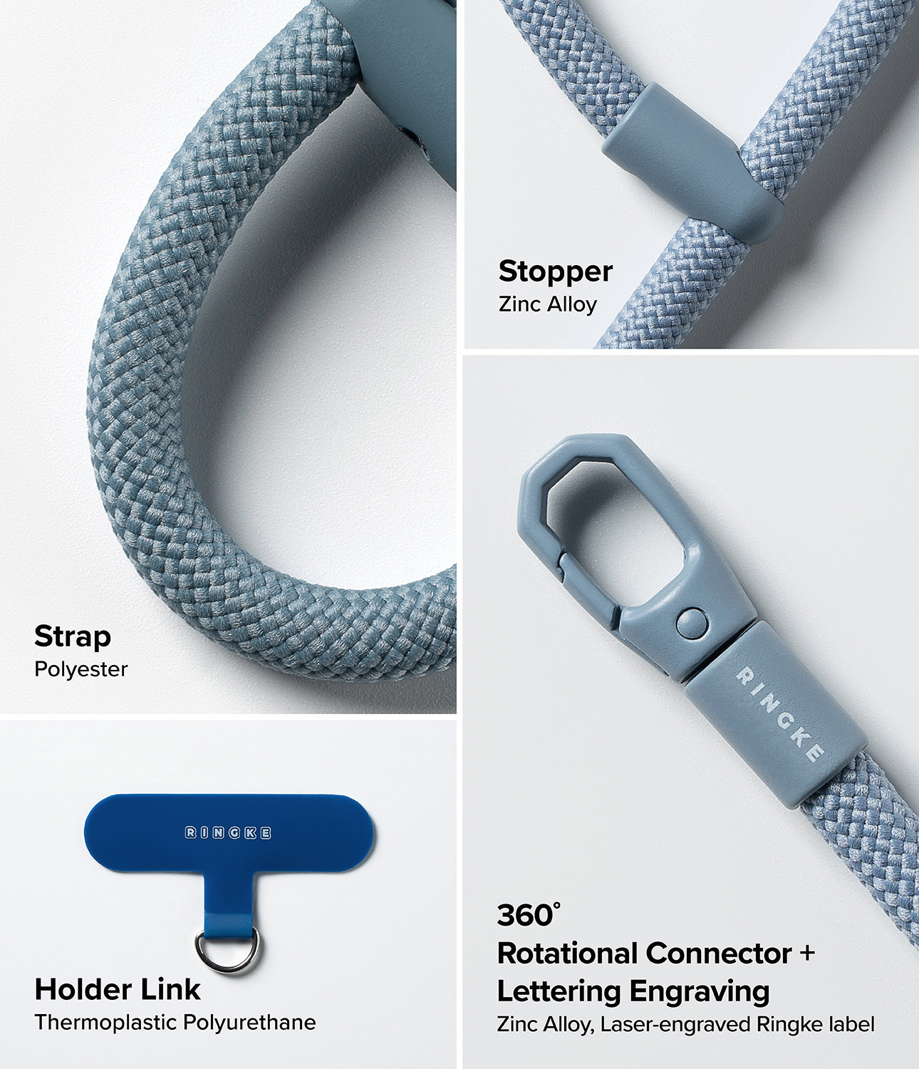 Ringke Holder Link Flow Finger Ring components including polyester strap, zinc alloy stopper, 360° rotational connector with laser-engraved Ringke logo, and TPU holder link.