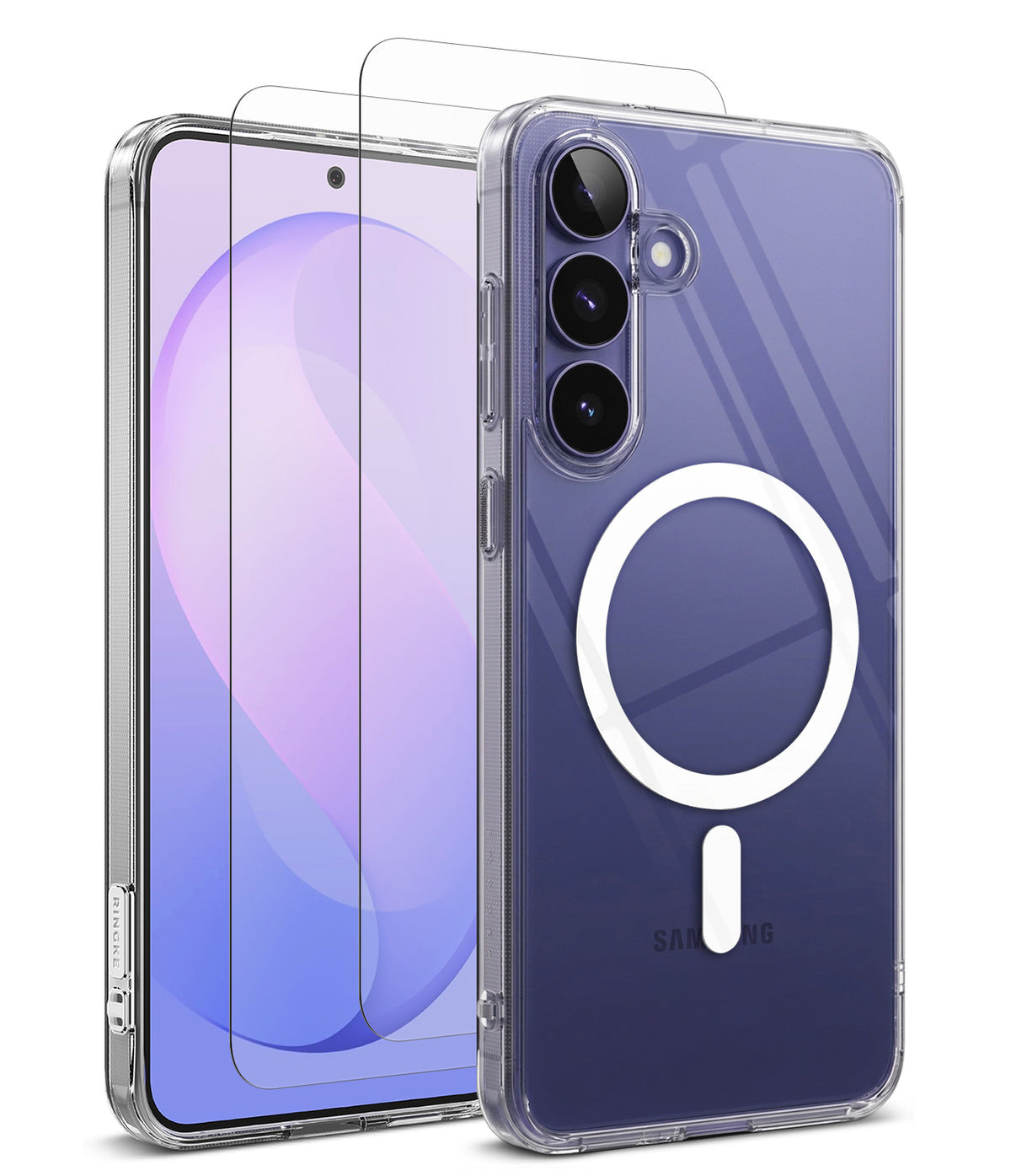 Bundle 15% Galaxy S26 FE Case + Screen / Camera Protectors | Fusion Magnetic - A clear protective phone case with a white MagSafe ring on the back, shown alongside a phone displaying a purple wallpaper and a separate clear screen protector, on a white background.