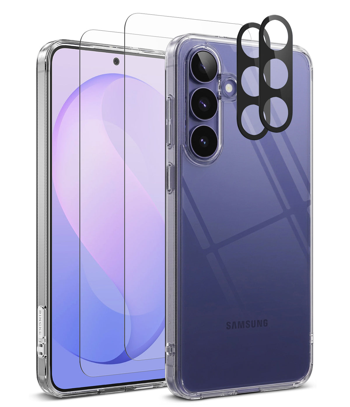Bundle 15% Galaxy S26 FE Case + Screen / Camera Protectors | Fusion - Clear protective phone case with a black camera lens protector overlay, shown on a Samsung smartphone from both front and back angles against a white background.
