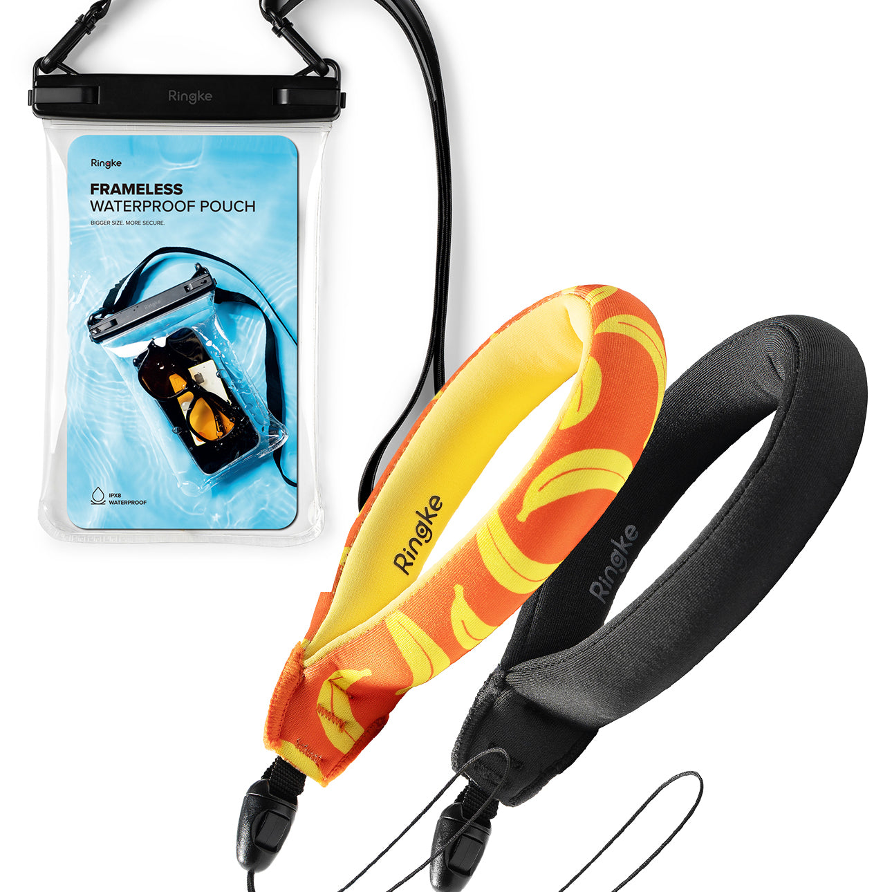 Banana / Black Floating Strap & Frameless Waterproof Pouch | Wrist strap, frameless waterproof pouch, and colorful armband with Ringke branding on a white background.