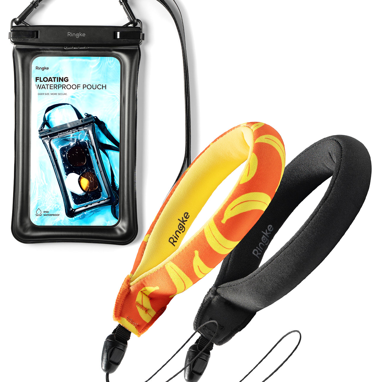 Banana / Black Floating Strap & Floating Waterproof Pouch | Floating waterproof pouch with a colorful strap on a white background