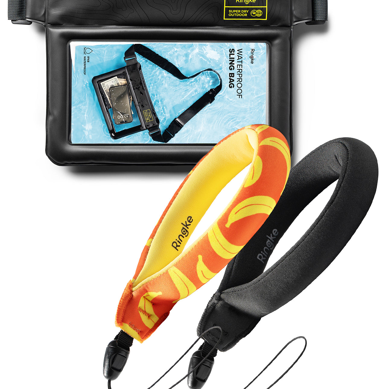Banana / Black Floating Strap & Waterproof Sling Bag | Waterproof phone case with screen protector and two straps on a white background