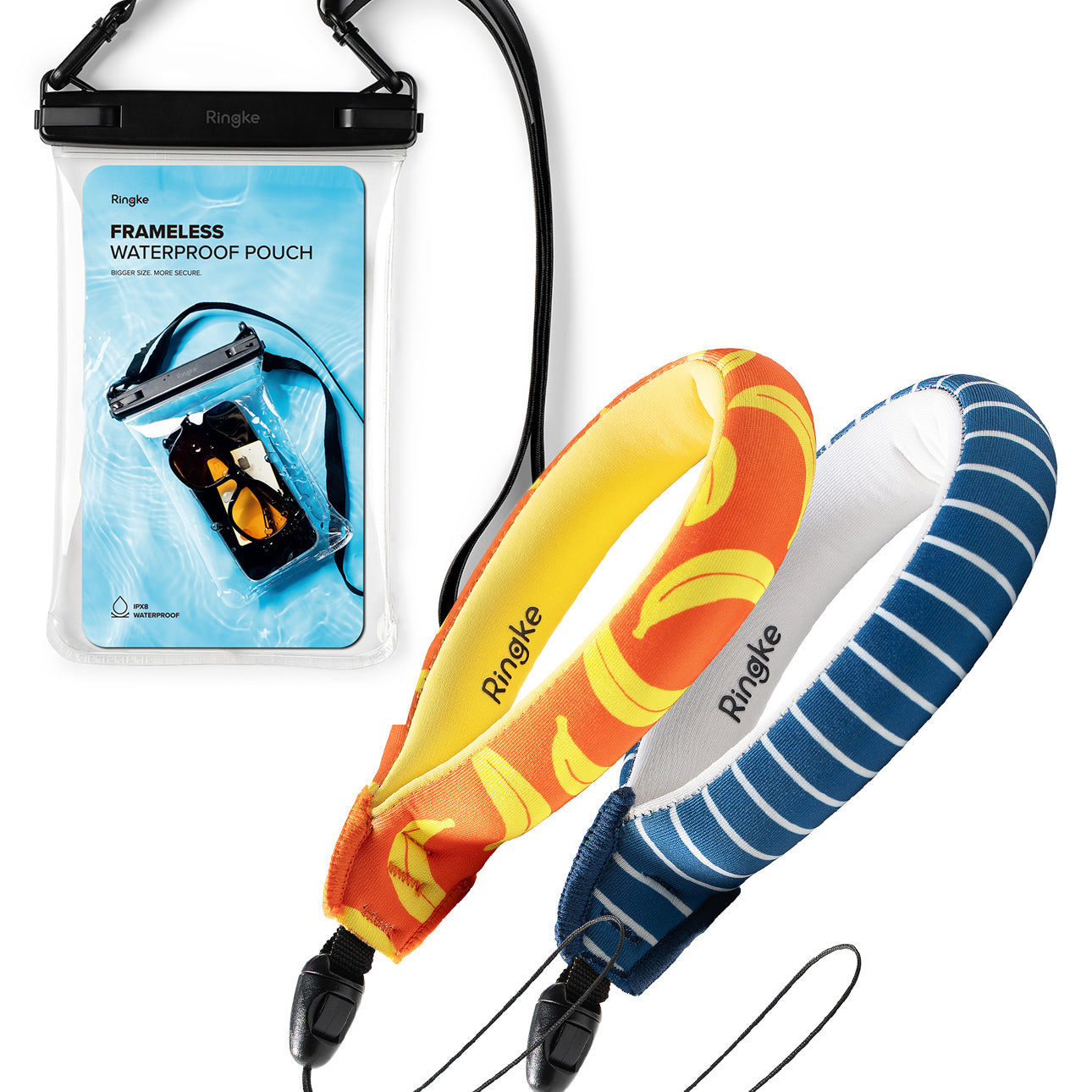 Banana / Navy Stripes Floating Strap & Frameless Waterproof Pouch | Two colorful umbrellas with a frameless waterproof pouch on a white background