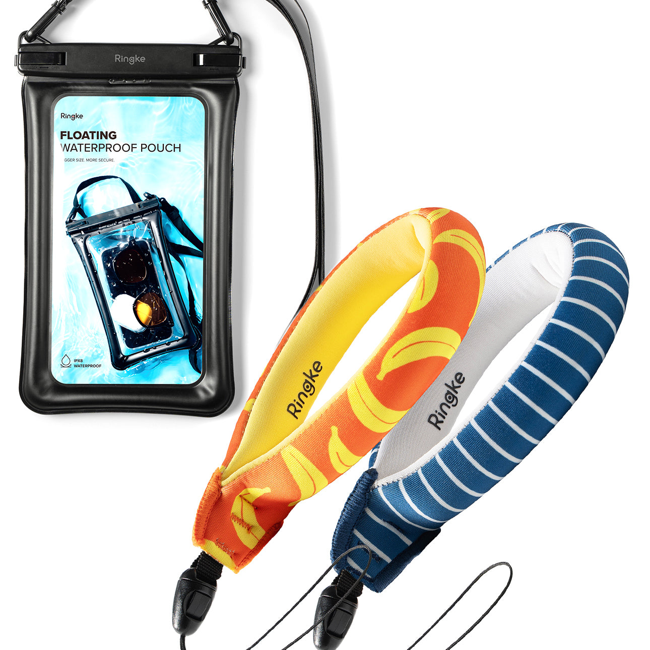 Banana / Navy Stripes Floating Strap & Floating Waterproof Pouch | Ringke floating waterproof pouch with two colorful phone cases on a white background