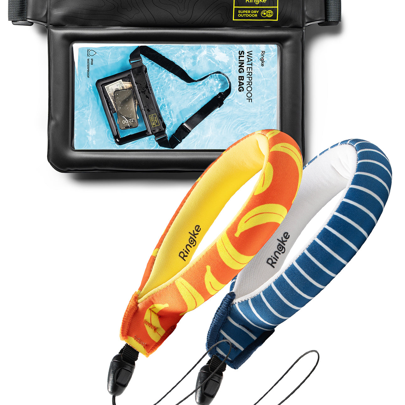 Banana / Navy Stripes Floating Strap & Waterproof Sling Bag | Waterproof phone case and two colorful lanyards with Ringke branding on a white background.