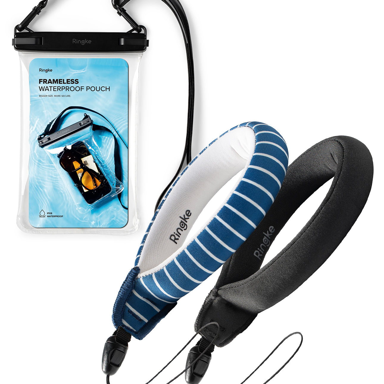 Navy Stripes / Black Floating Strap & Frameless Waterproof Pouch | Waterproof pouch and camera straps on a white background