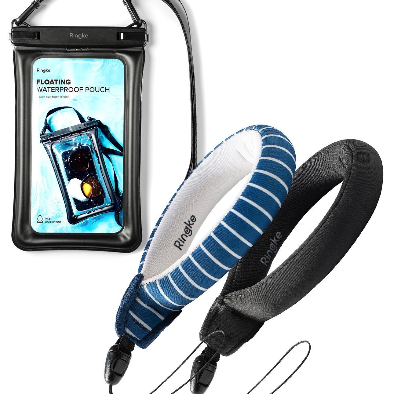 Navy Stripes / Black Floating Strap & Floating Waterproof Pouch | Rogue floating waterproof pouch with a strap on a white background
